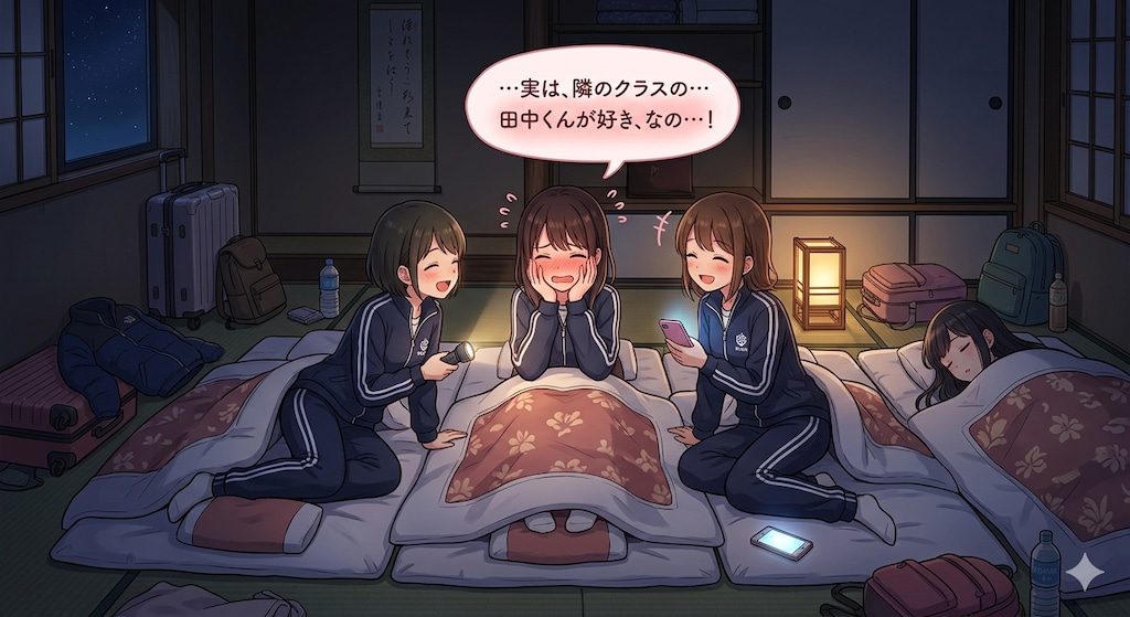 今夜は寝かさないよ～。朝までガールズトークするんだからぁ