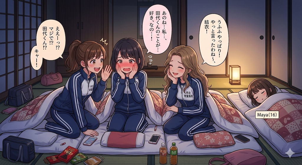 今夜は寝かさないよ～。朝までガールズトークするんだからぁ