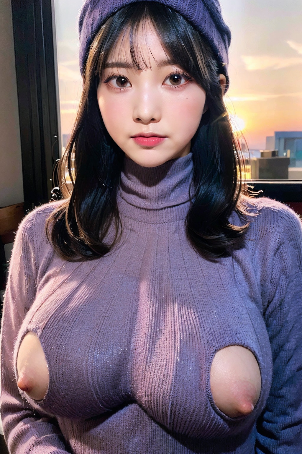 タートルネックのニットセーターでポロリ