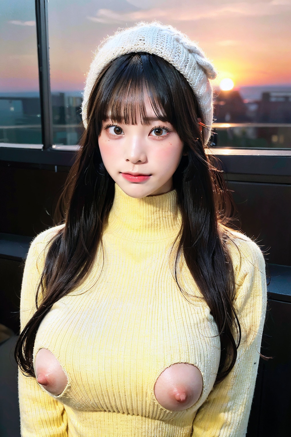 タートルネックのニットセーターでポロリ