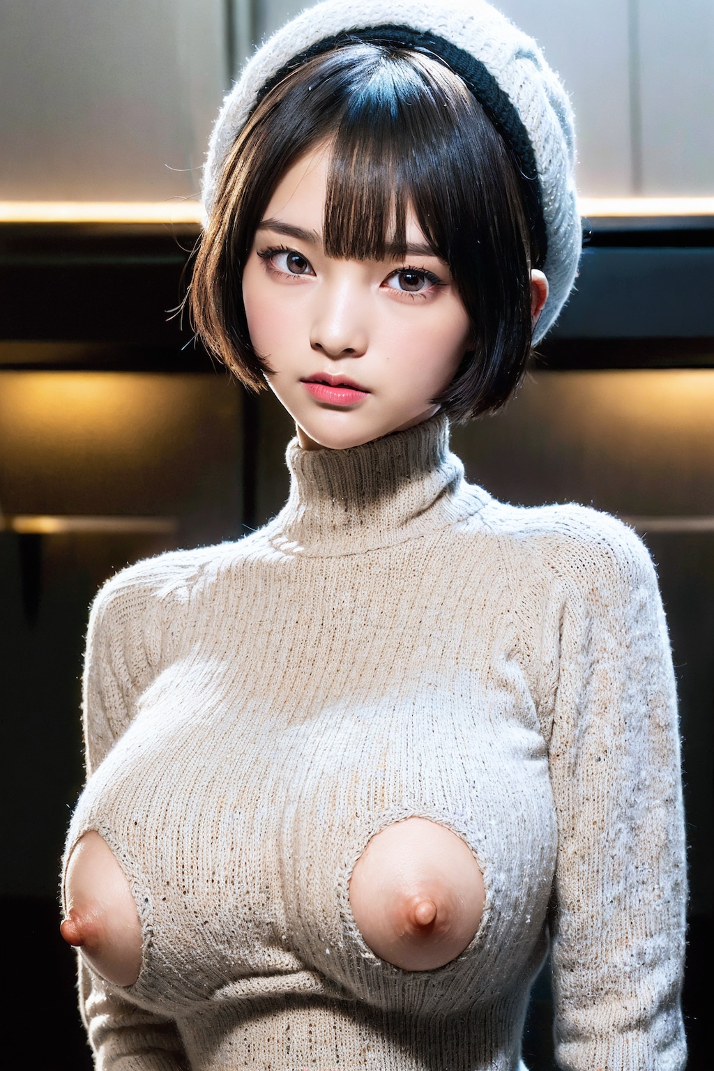 タートルネックのニットセーターでポロリ