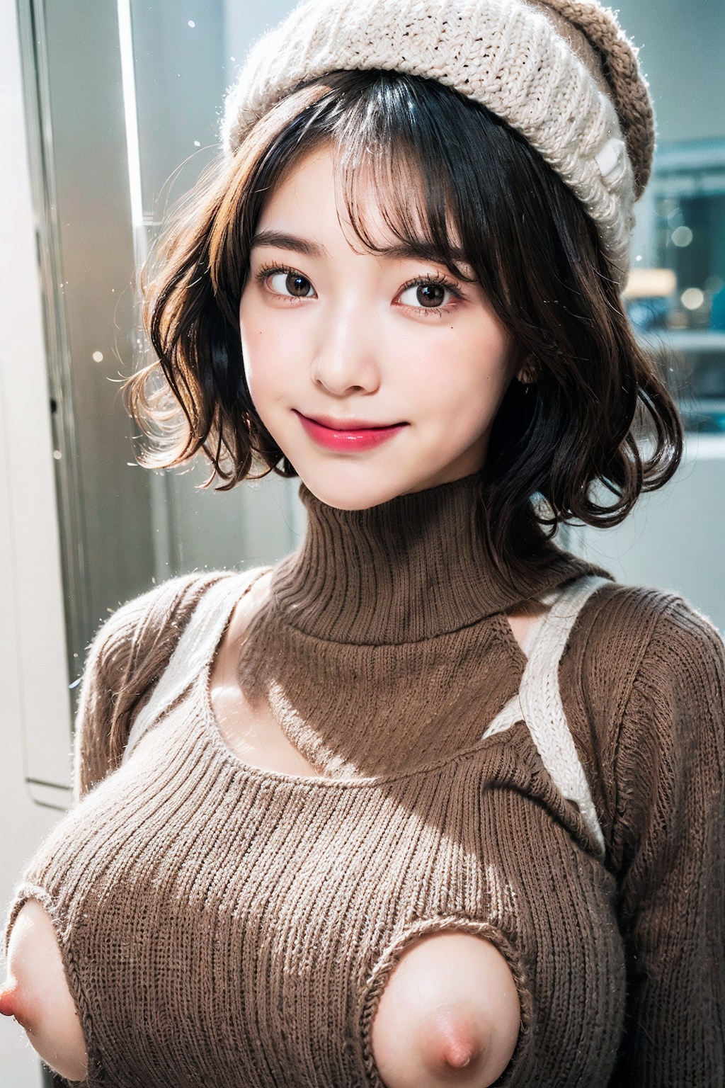タートルネックのニットセーターでポロリ
