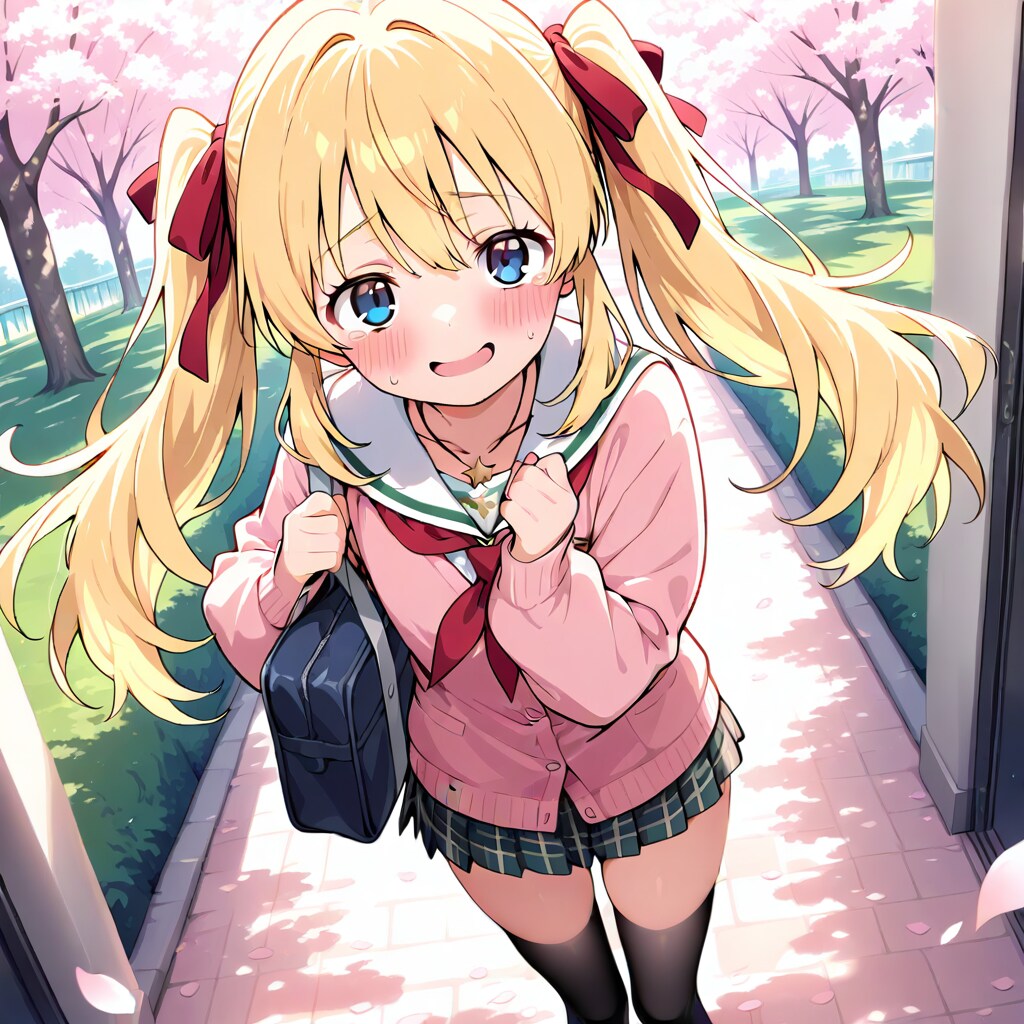 金髪ツインテJK莉奈の桜の通学路♡ 今日もがんばるよ！🌸✨ | の人気AIイラスト・グラビア