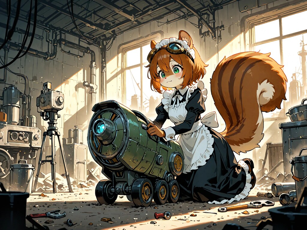 機械をメンテナンスするメイドのリスちゃん