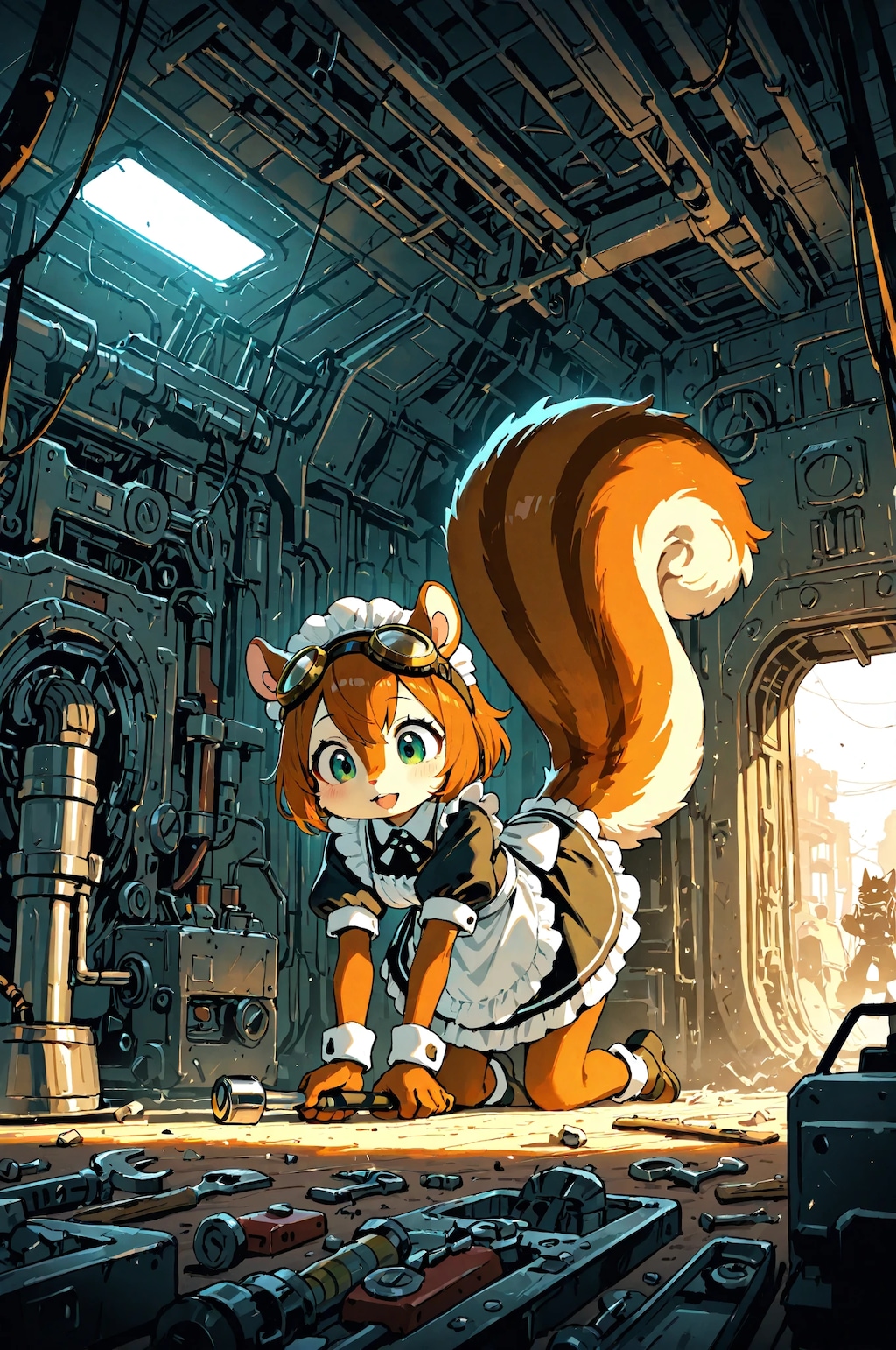 機械をメンテナンスするメイドのリスちゃん