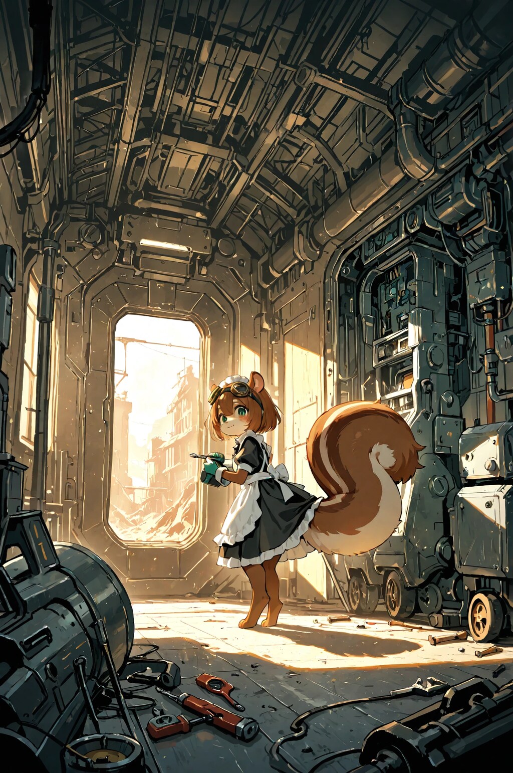 機械をメンテナンスするメイドのリスちゃん