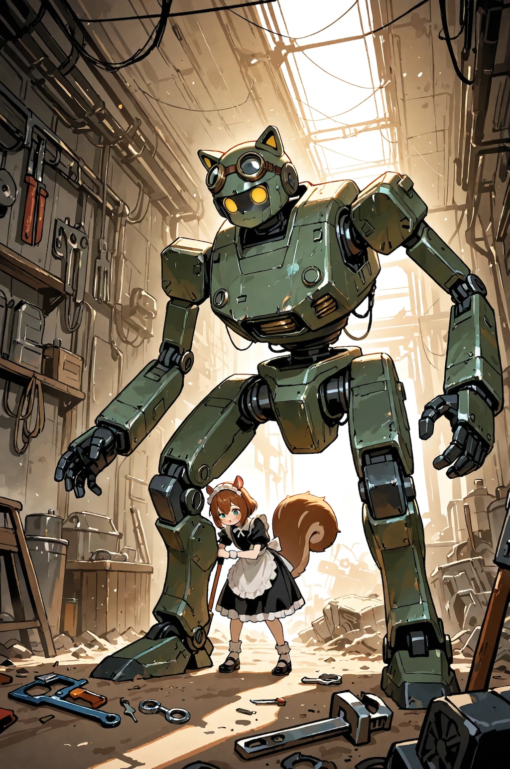 機械をメンテナンスするメイドのリスちゃん