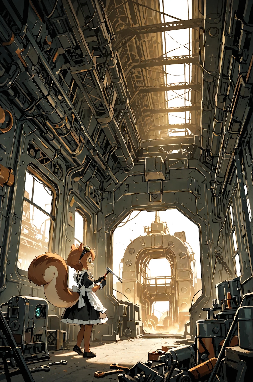 機械をメンテナンスするメイドのリスちゃん