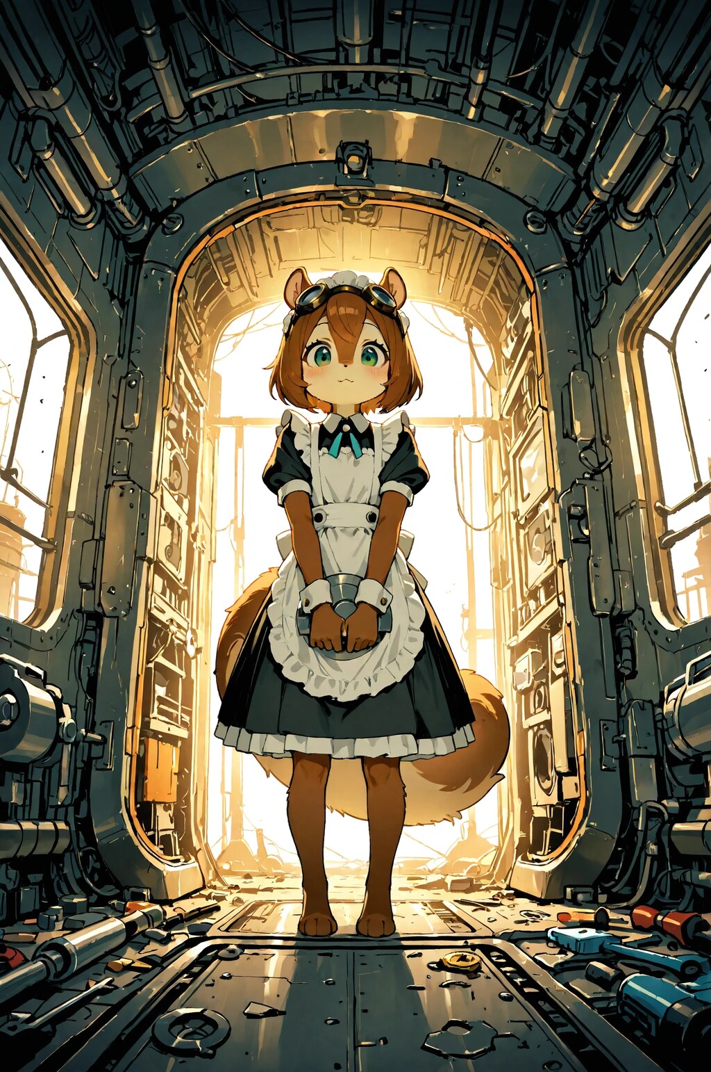 機械をメンテナンスするメイドのリスちゃん