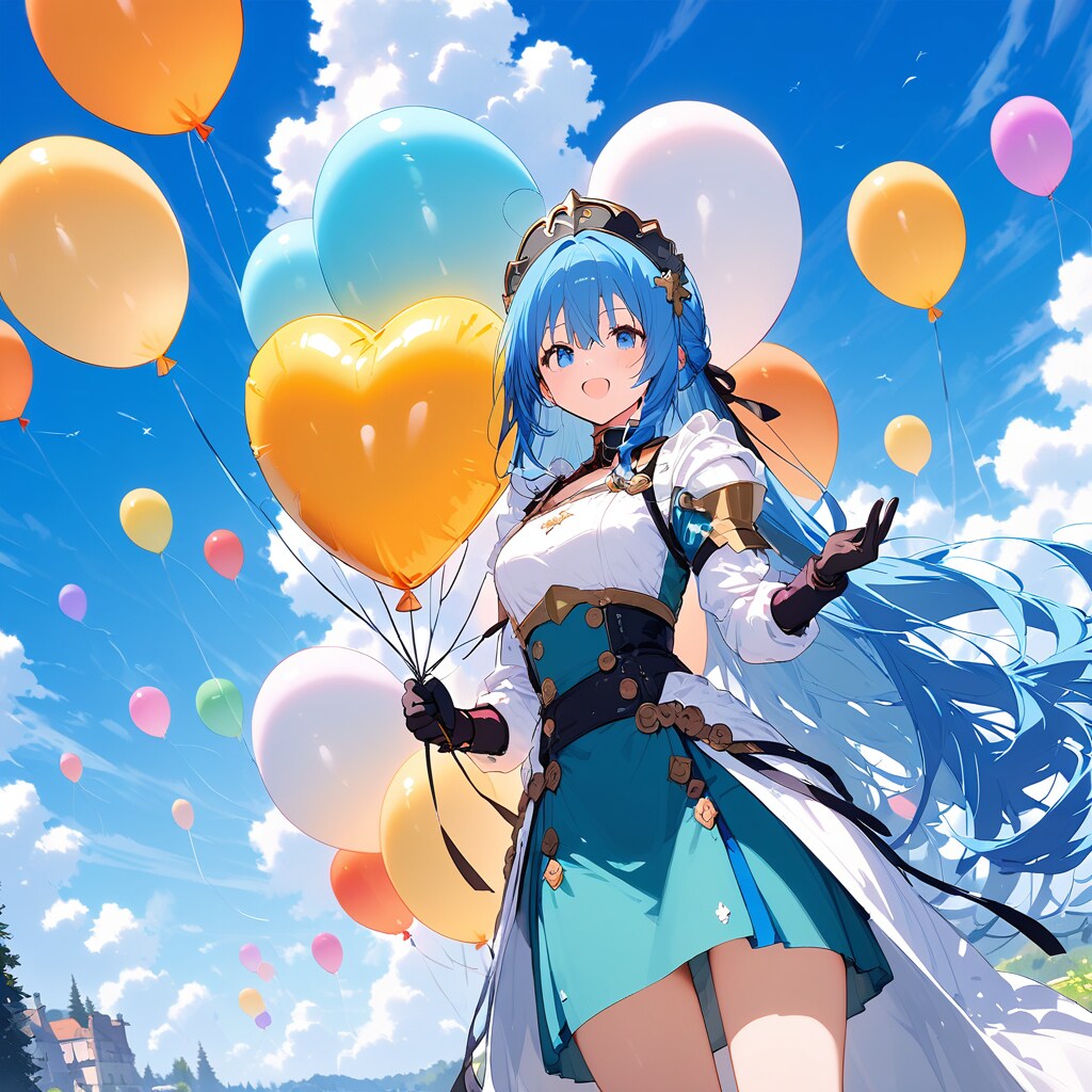 いっぱい風船を持つ青い髪ロングの美女騎士。