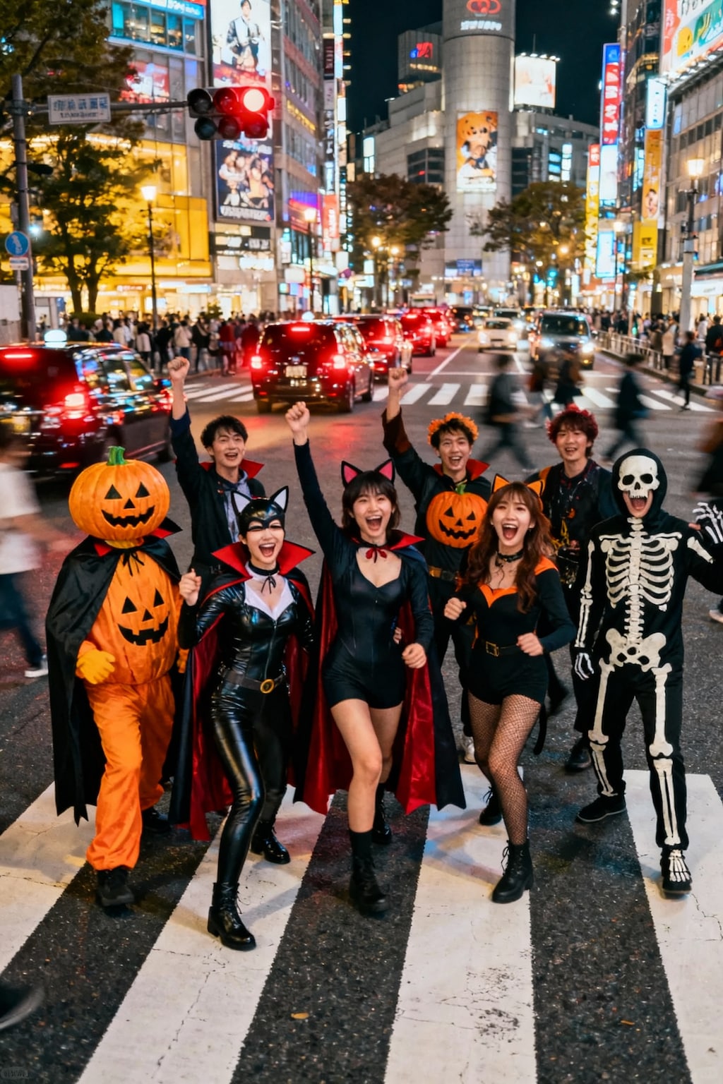 ハロウィンに赤信号の交差点を通り過ぎる車