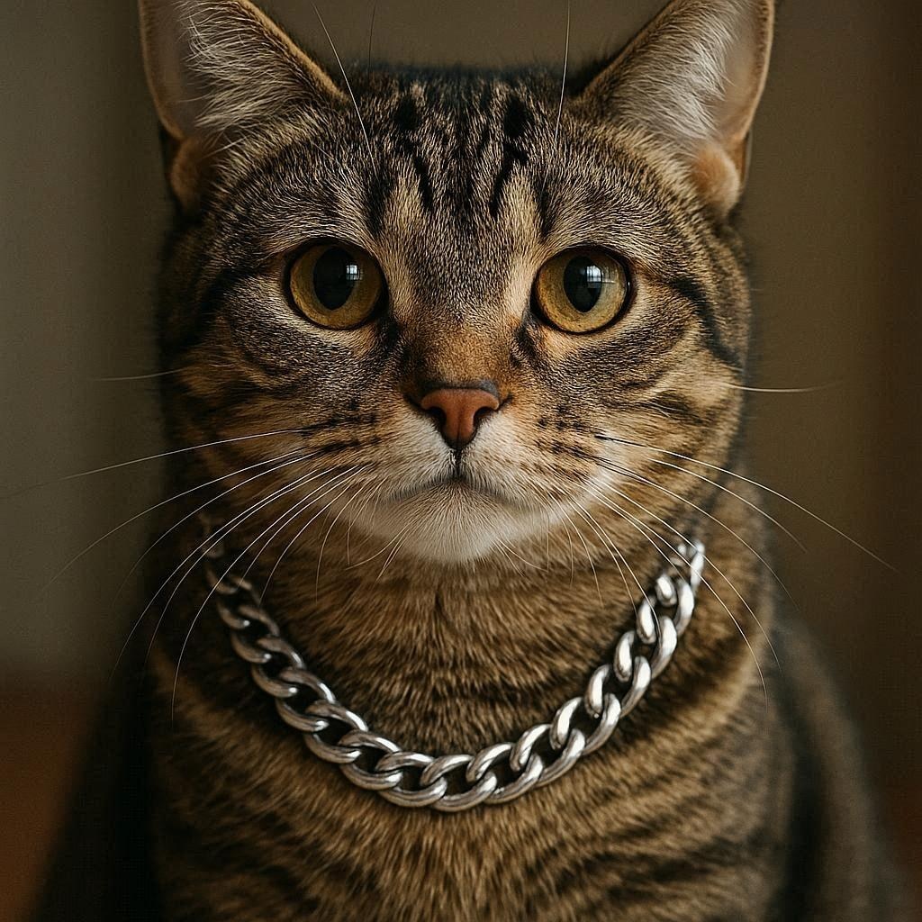 銀ネックレスをした猫