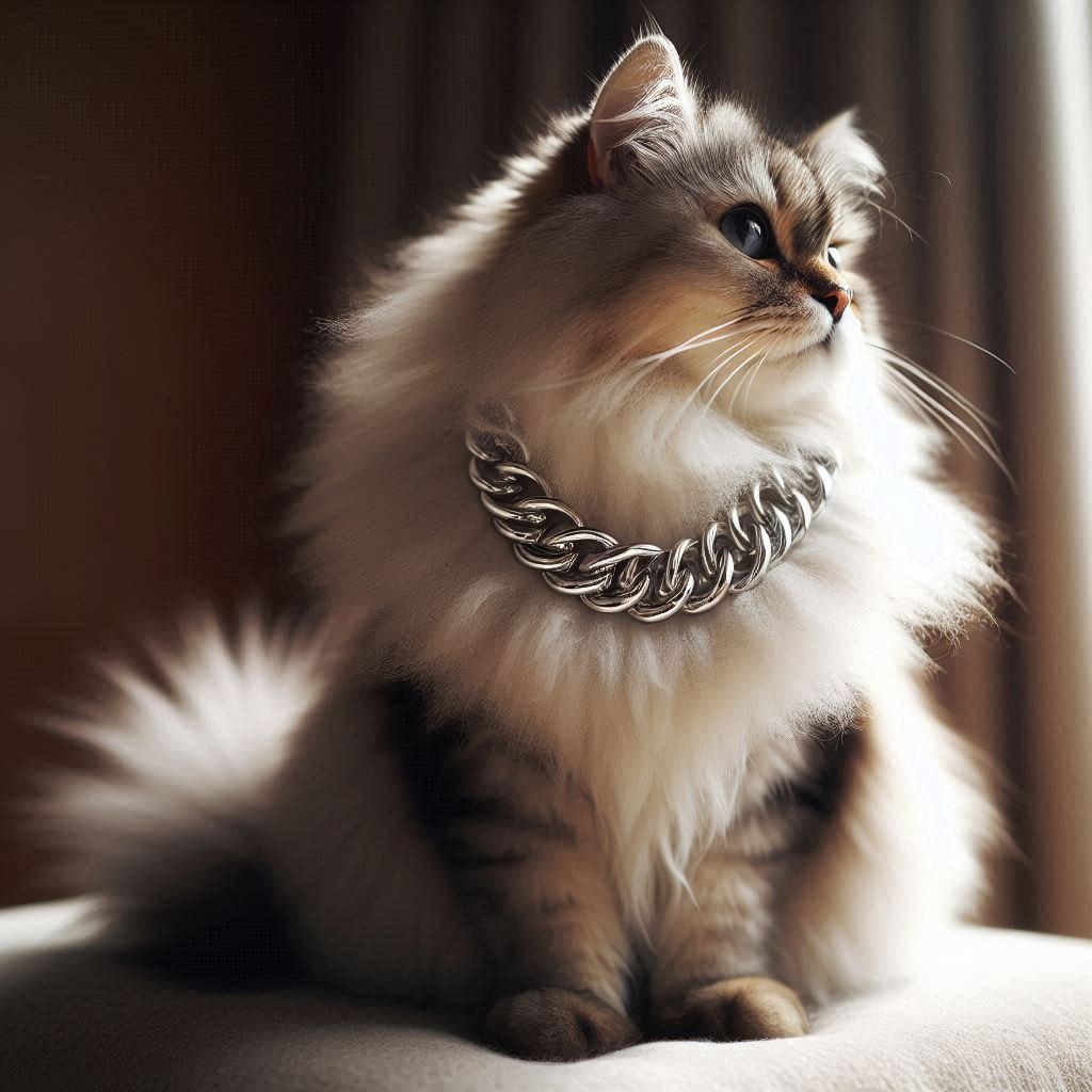 銀ネックレスをした猫
