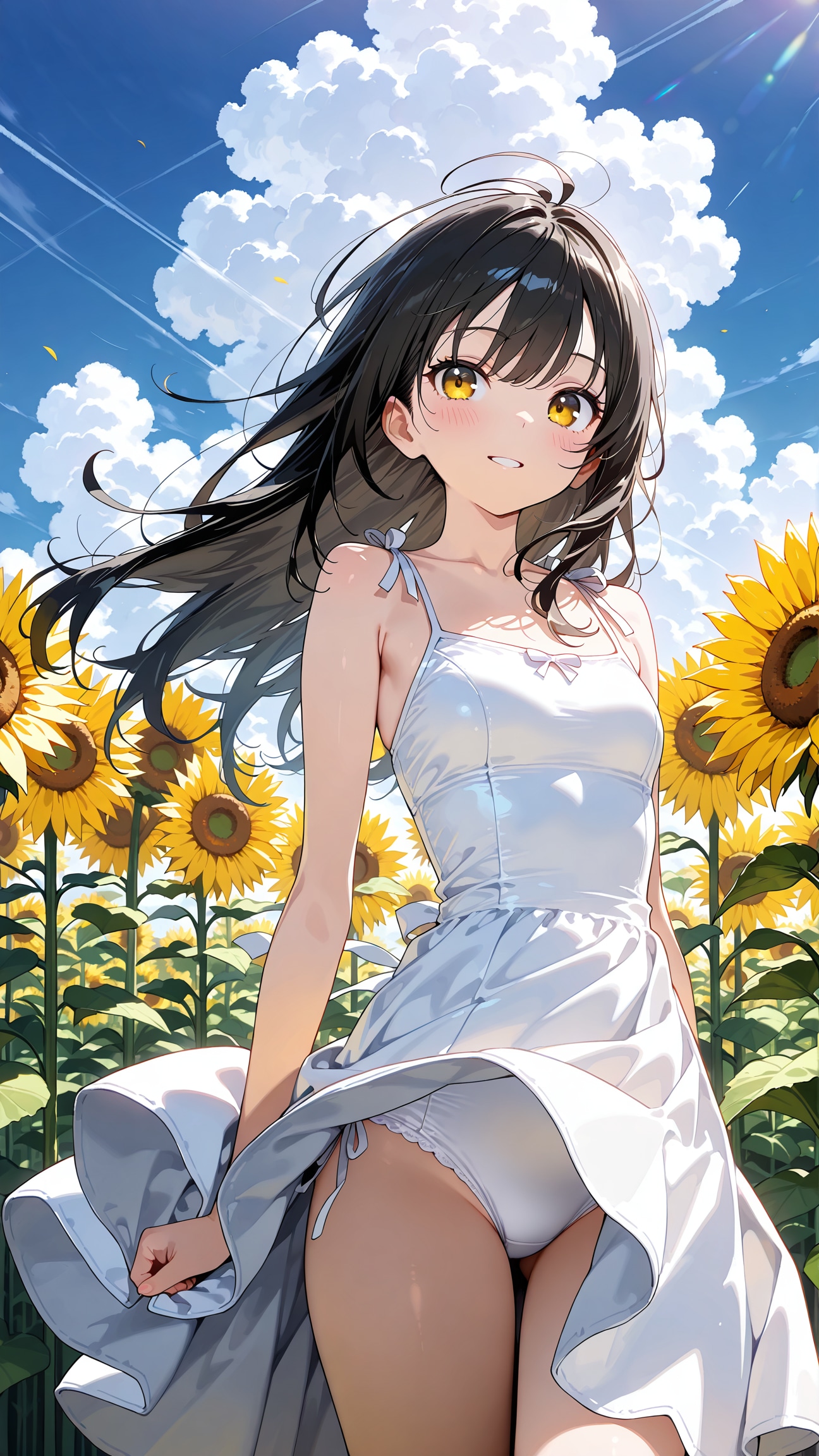 ひまわり畑、風でスカートが...