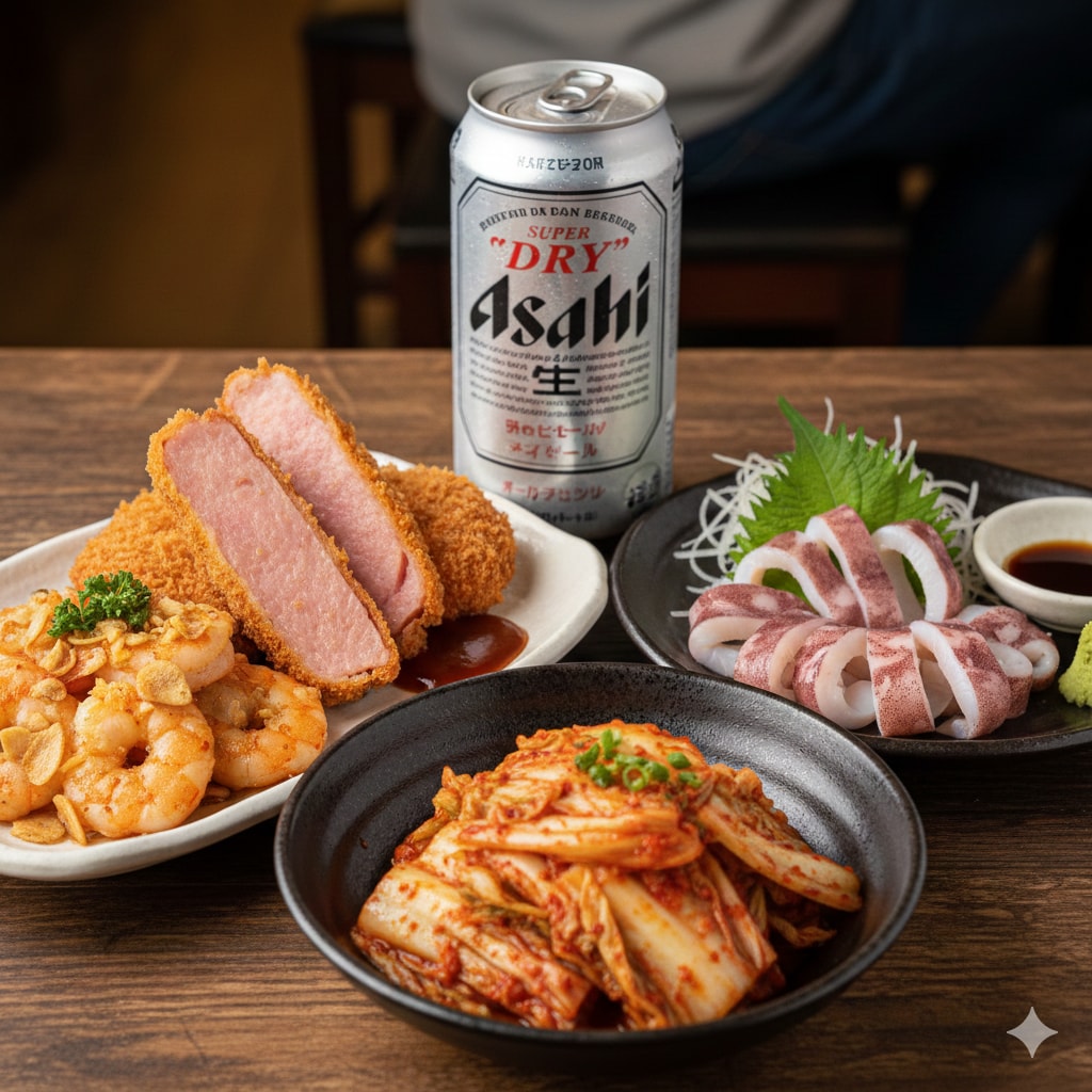 【晩飯】ハムカツ、ガーリックシュリンプ、ボイルイカ、白菜キムチ、キンキンのやつ