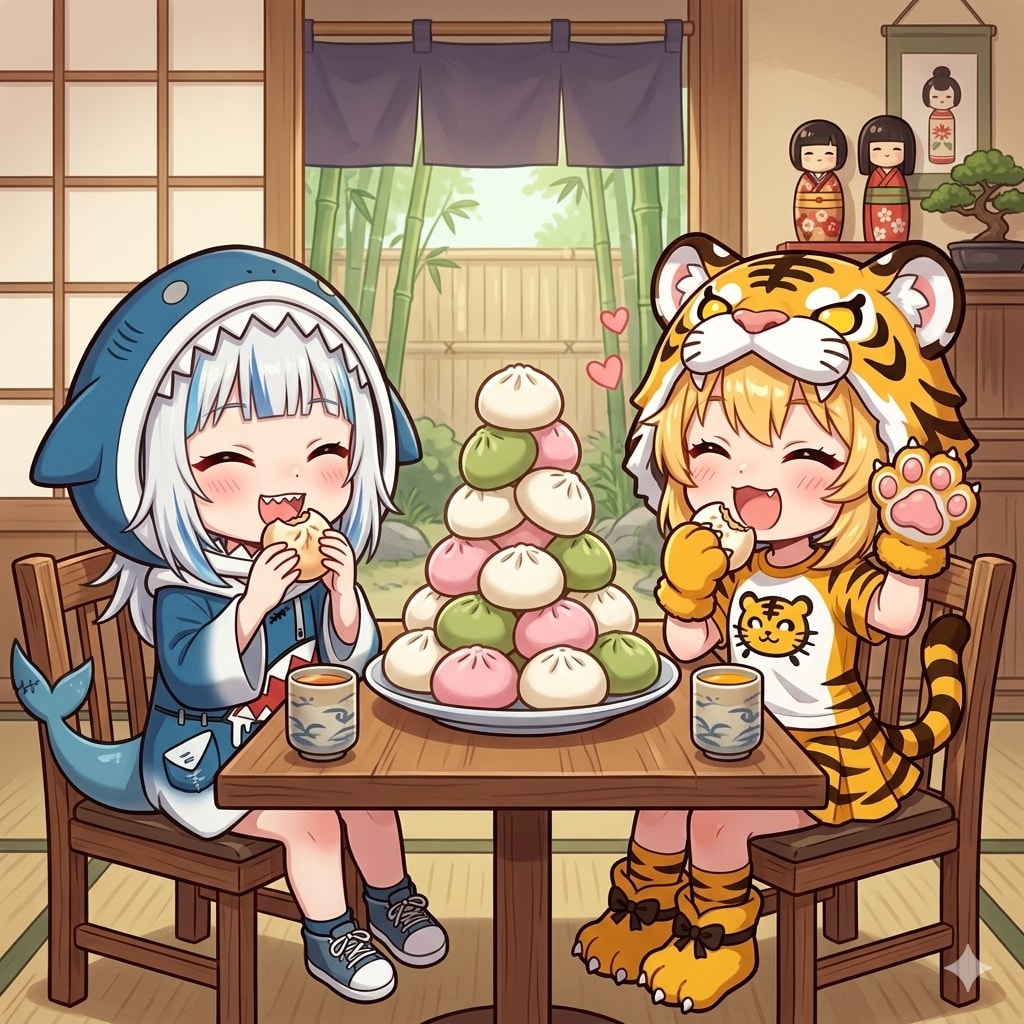 虎娘ちゃんとサメ美ちゃん | の人気AIイラスト・グラビア