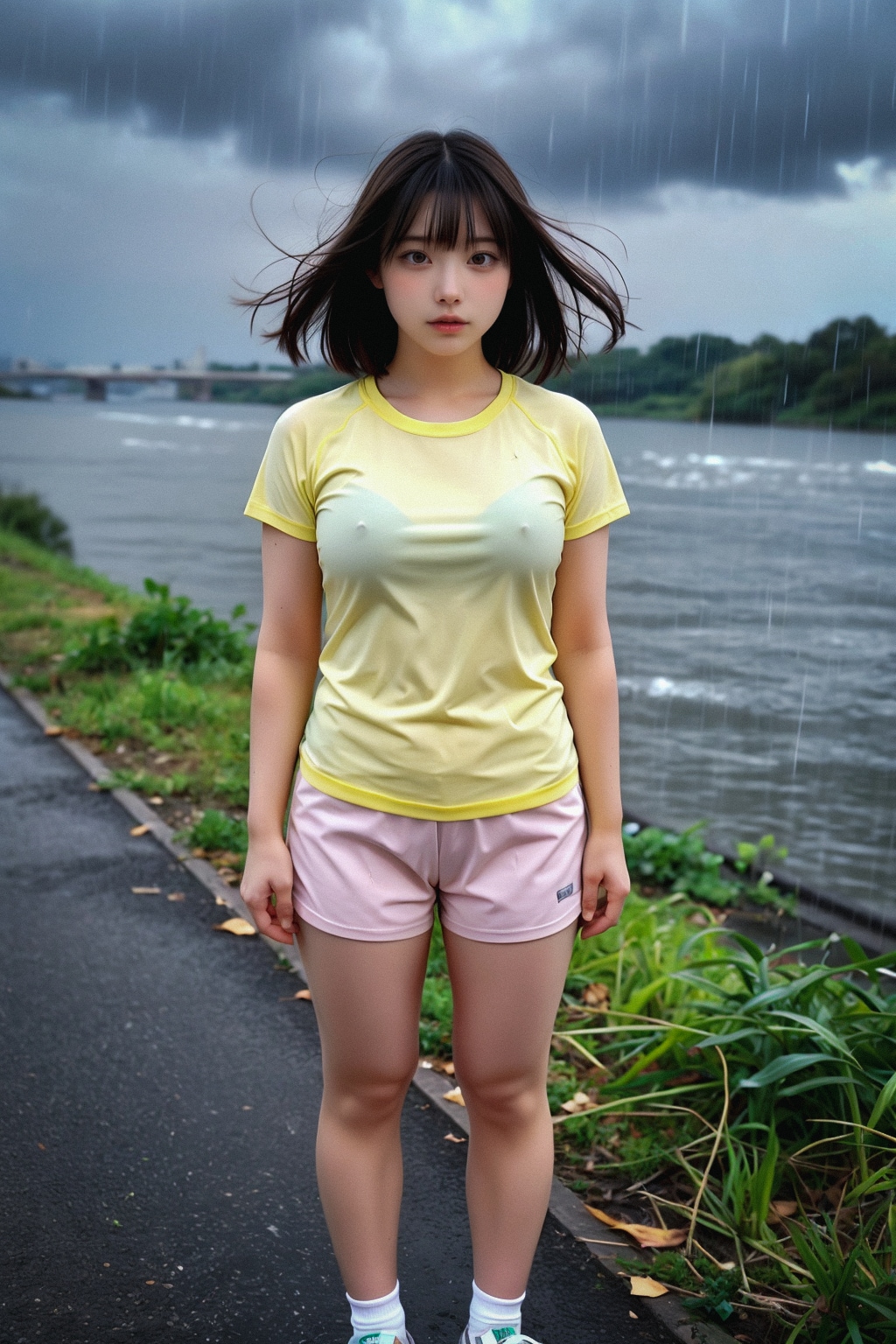 ヤバッ，雨が降ってきた雷も聞こえる，そこの公園のトイレに逃げよう・・