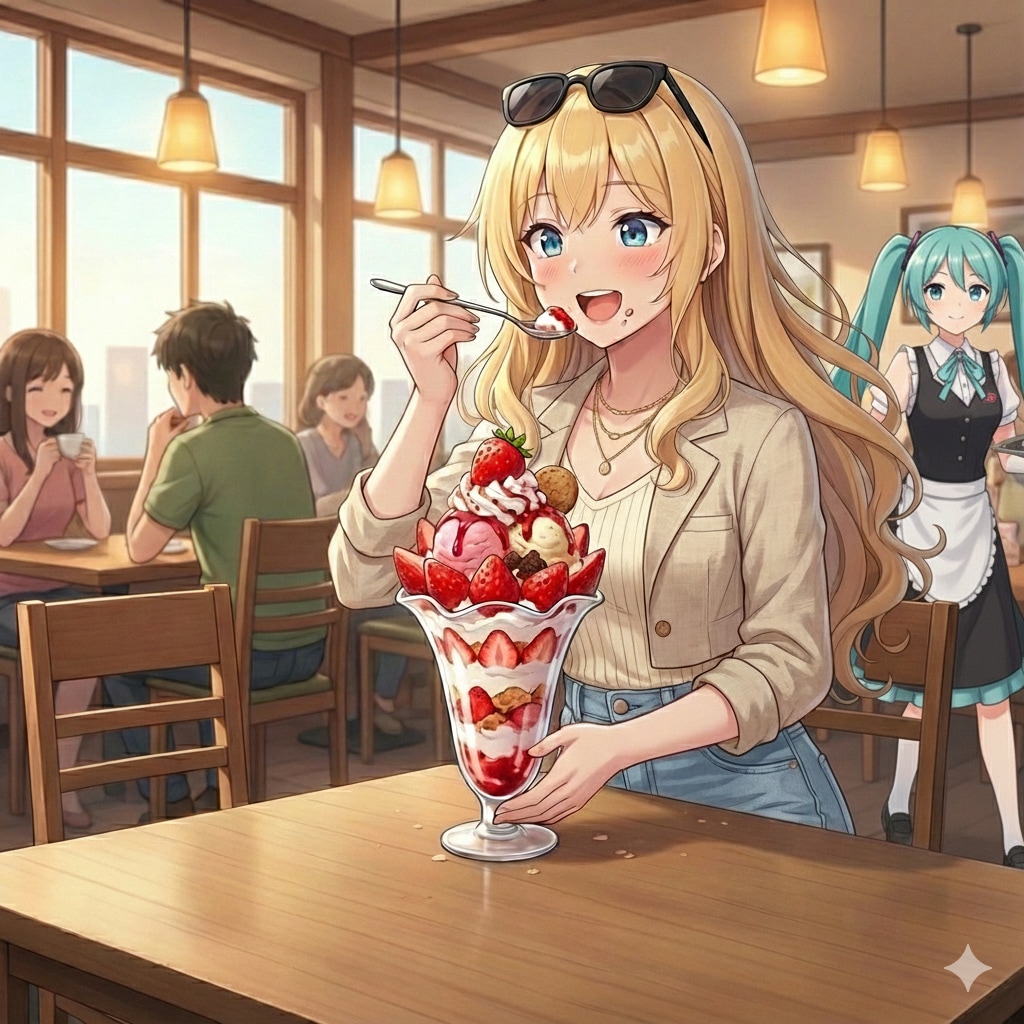 苺パフェを食べている なつみさん