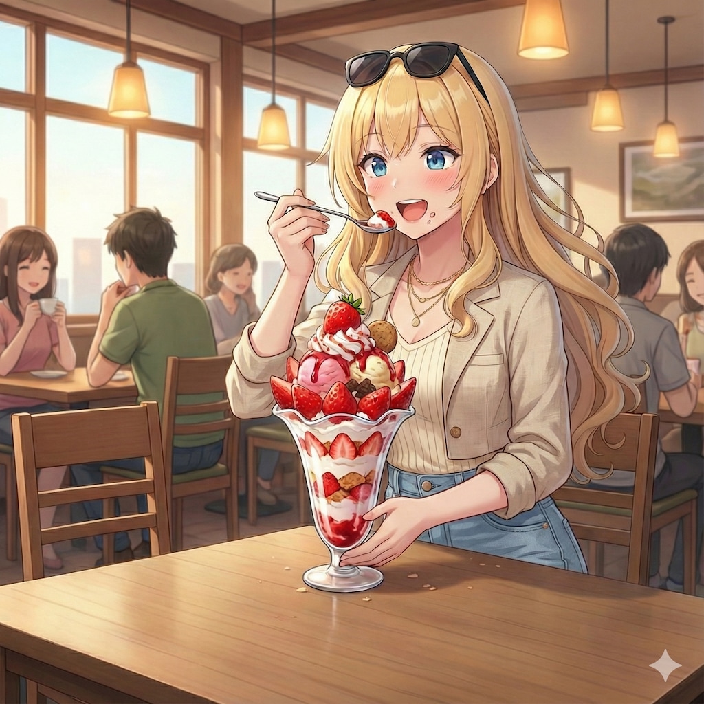 苺パフェを食べている なつみさん