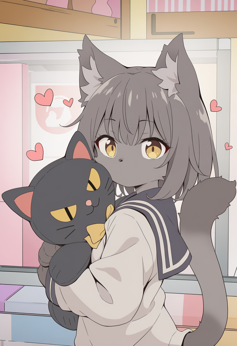 ケモいあの子とゲーセンに来た。猫のぬいぐるみを欲しそうに見てたので取ってあげるとすごく大事そうに抱きしめてこっちを見てきた。あげたぬいぐるみを大事そうに抱きしめないでくれ…惚れてまうやろ～～～！ | の人気AIイラスト・グラビア