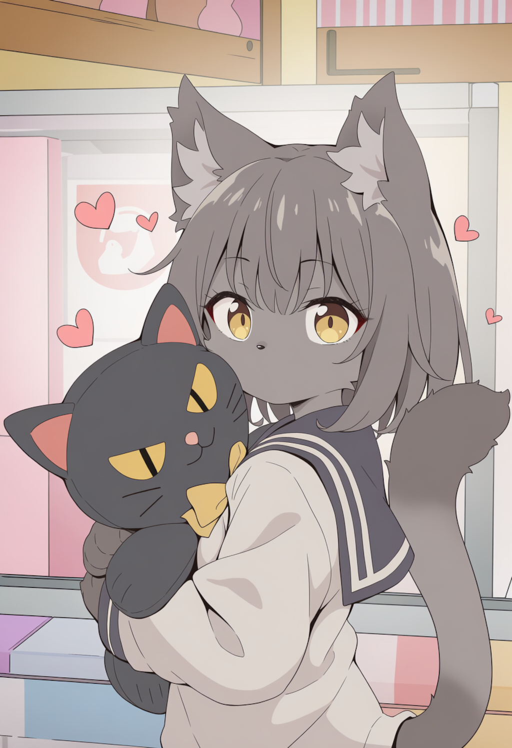 ケモいあの子とゲーセンに来た。猫のぬいぐるみを欲しそうに見てたので取ってあげるとすごく大事そうに抱きしめてこっちを見てきた。あげたぬいぐるみを大事そうに抱きしめないでくれ…惚れてまうやろ～～～！