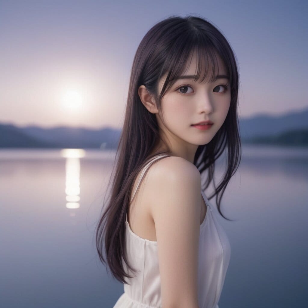 黒髪ロング　湖