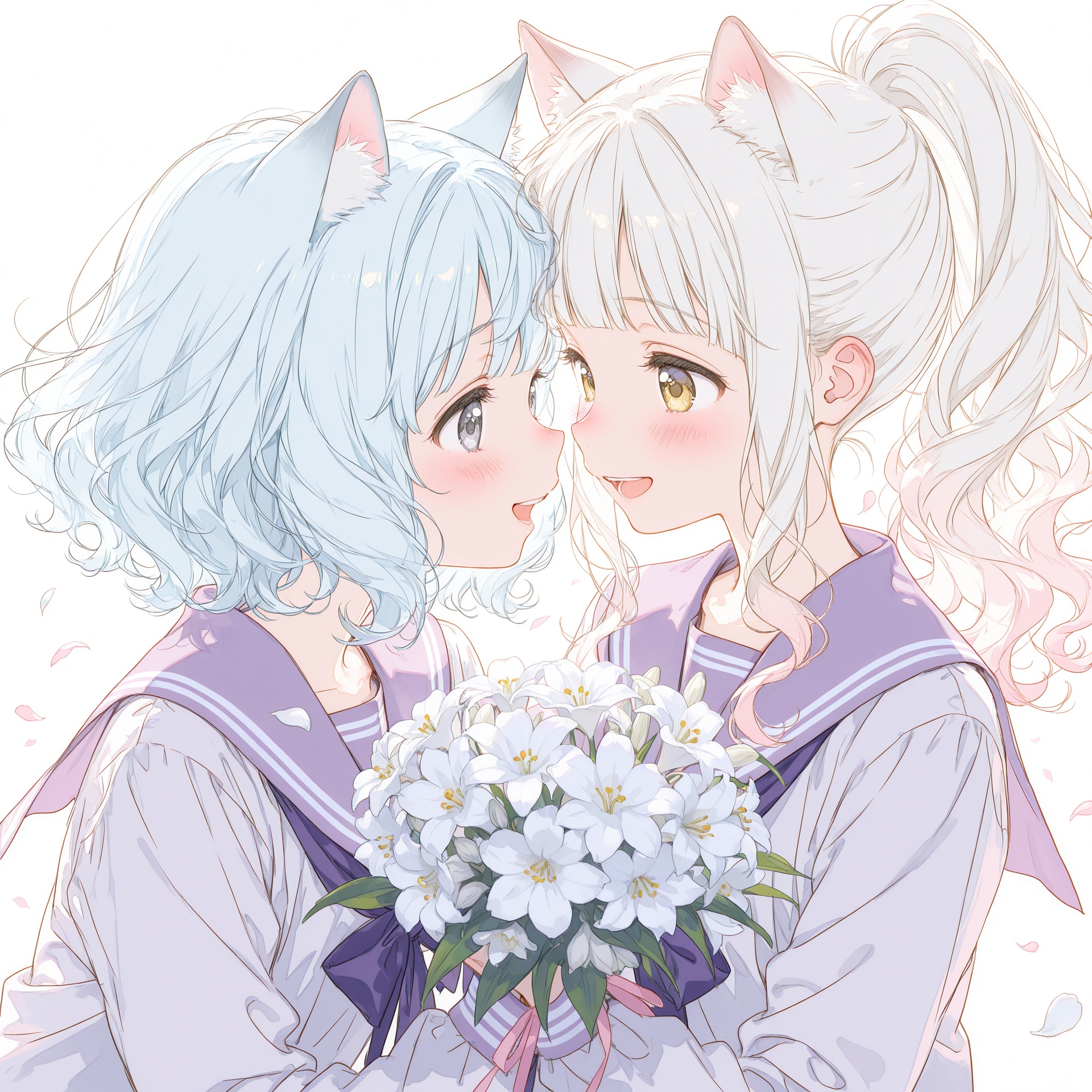 見つめ合う青髪ちゃんと白猫ちゃん❤ | の人気AIイラスト・グラビア