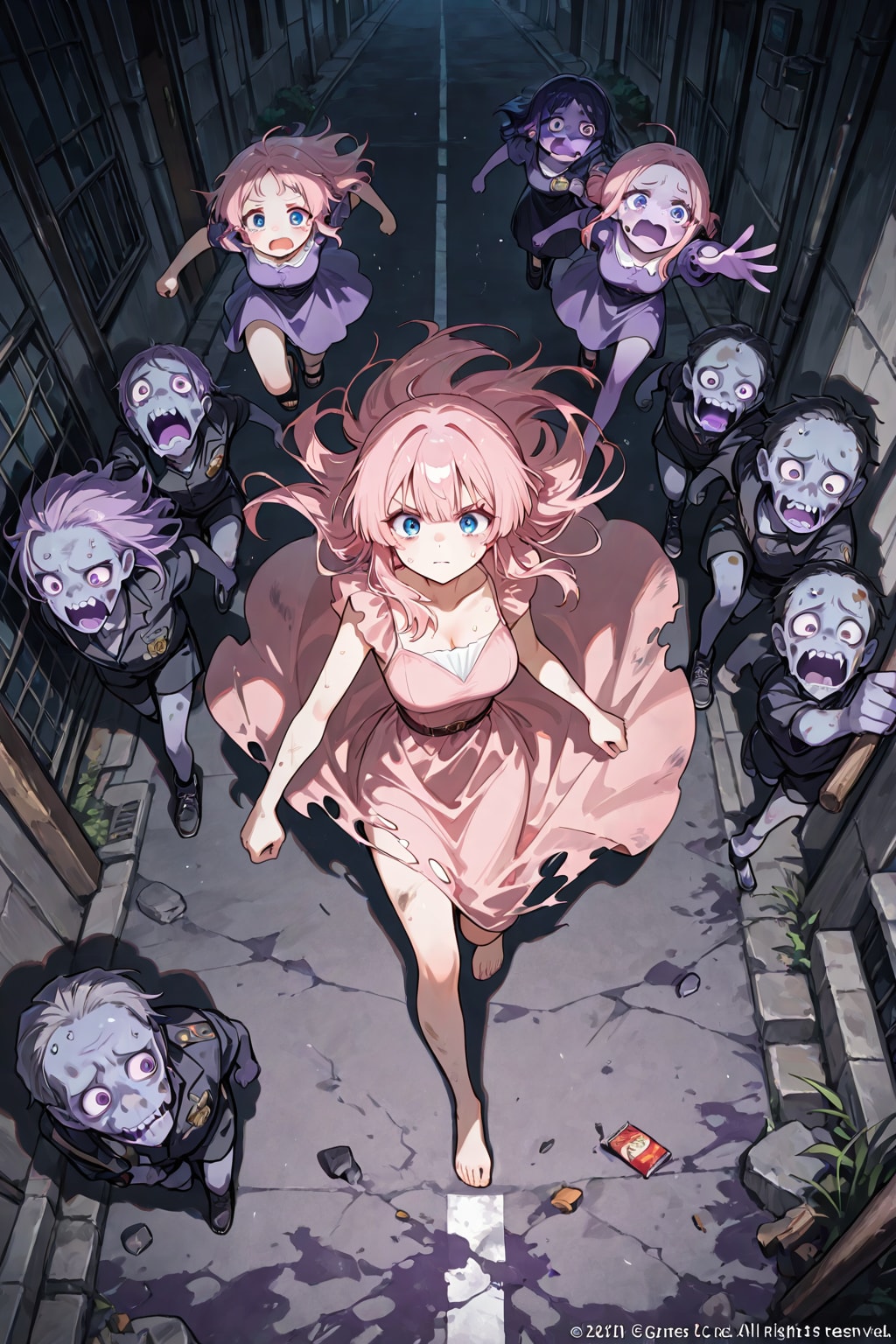 ゾンビと共に路地裏を進む女の子(没作品)