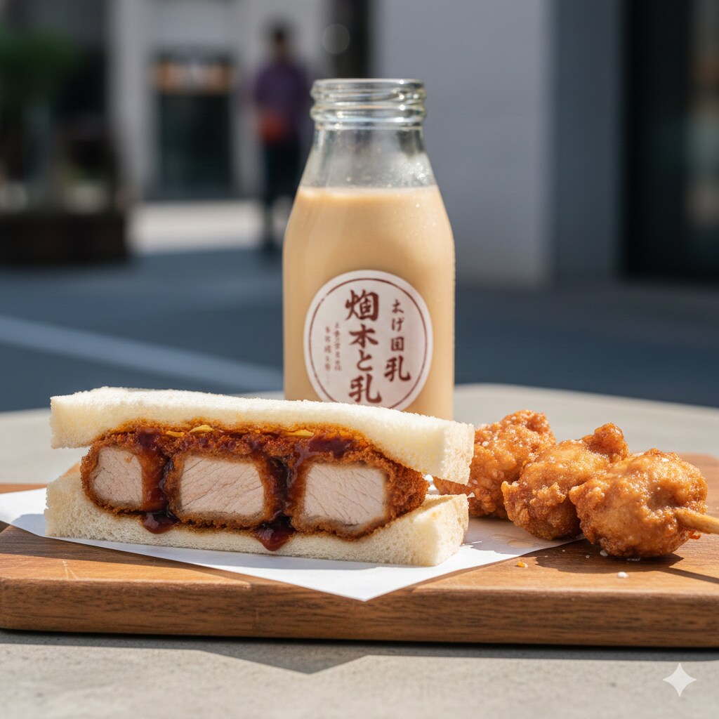 【昼食】カツサンドイッチ、唐揚げ棒、コーヒー牛乳