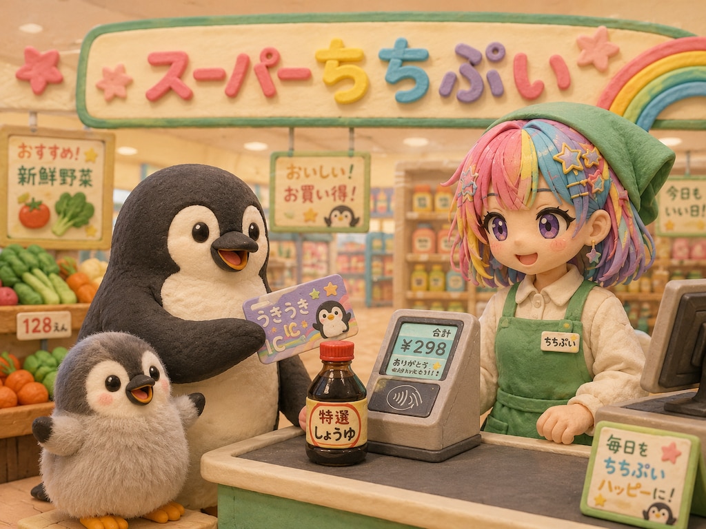 醤油瓶を買うクレイアニメのペンギン