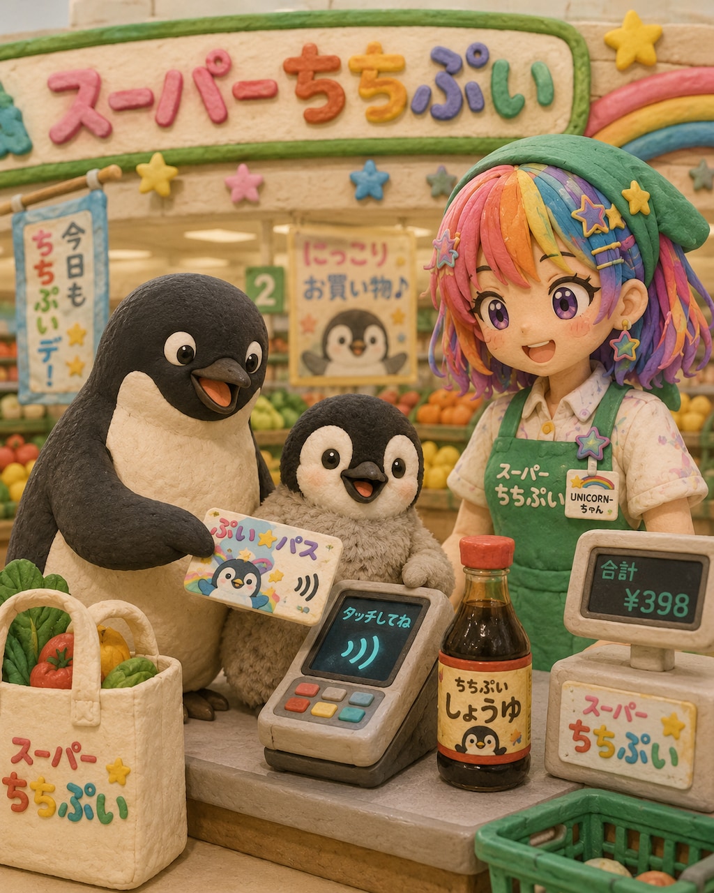 醤油瓶を買うクレイアニメのペンギン