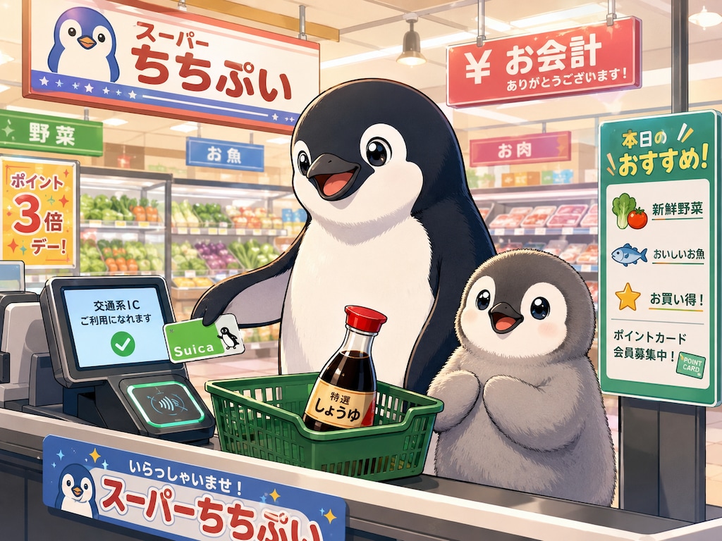 醤油瓶を買うクレイアニメのペンギン