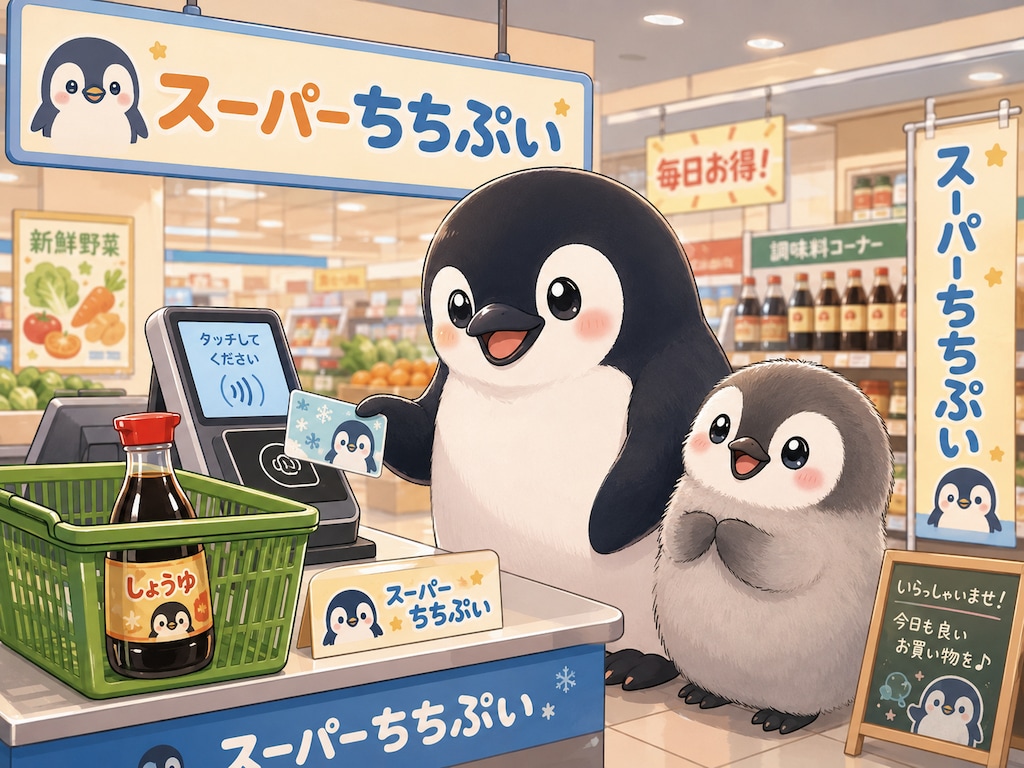 醤油瓶を買うクレイアニメのペンギン