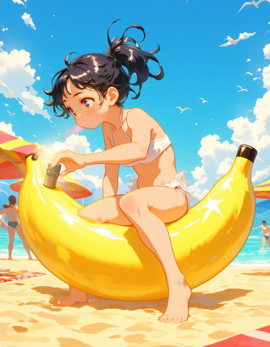 バナナ型ビーチボールを膨らますビキニ少女