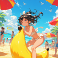 バナナ型ビーチボールを膨らますビキニ少女 3枚目