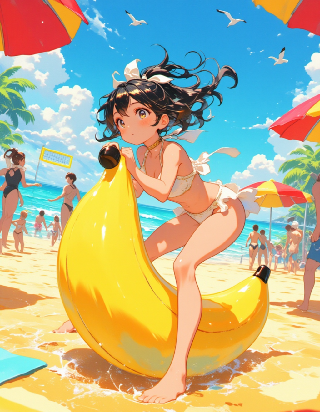 バナナ型ビーチボールを膨らますビキニ少女