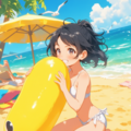 バナナ型ビーチボールを膨らますビキニ少女 5枚目