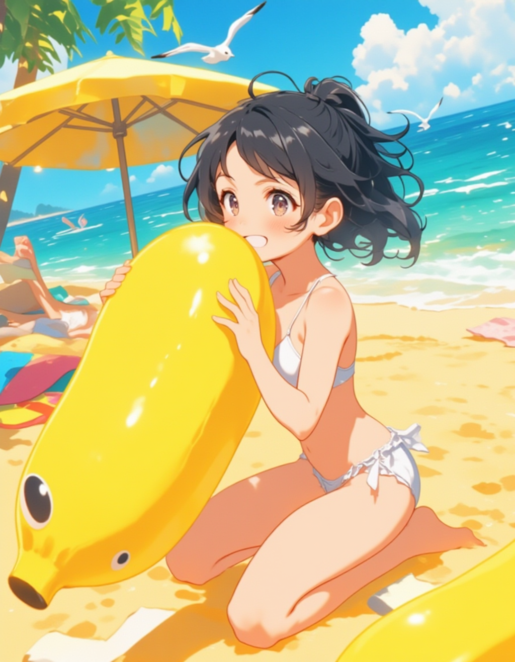 バナナ型ビーチボールを膨らますビキニ少女