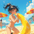 バナナ型ビーチボールを膨らますビキニ少女 2枚目