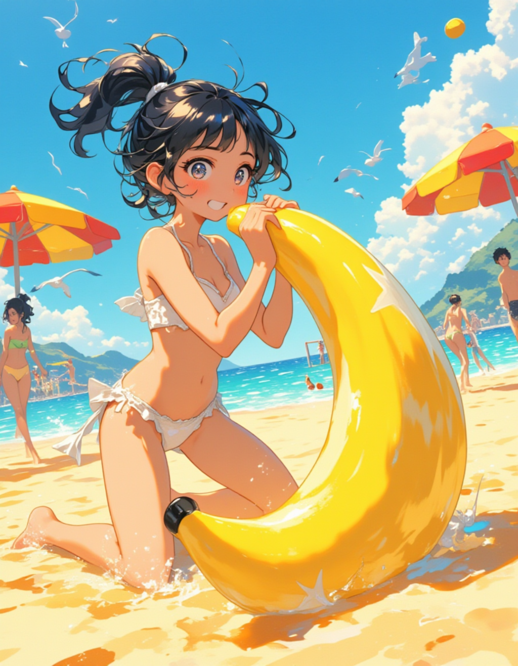 バナナ型ビーチボールを膨らますビキニ少女