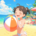 バナナ型ビーチボールを膨らますビキニ少女 6枚目