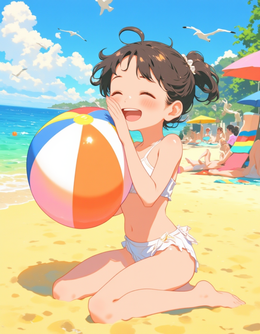 バナナ型ビーチボールを膨らますビキニ少女