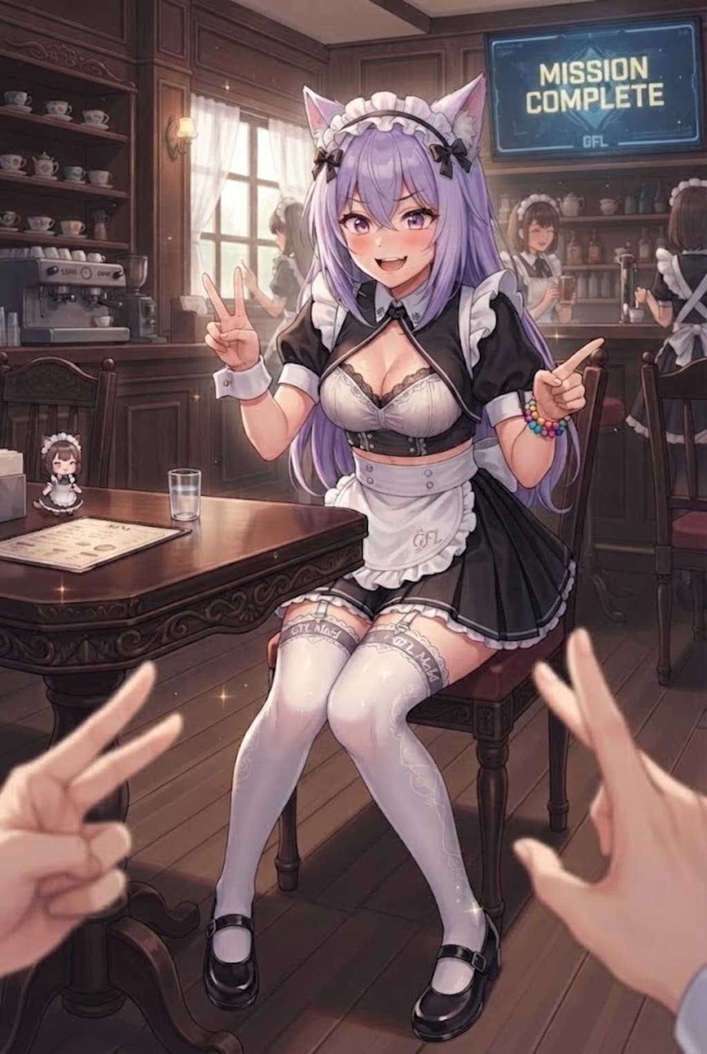 じゃんけんゲームの相手をするメイドカフェのシス