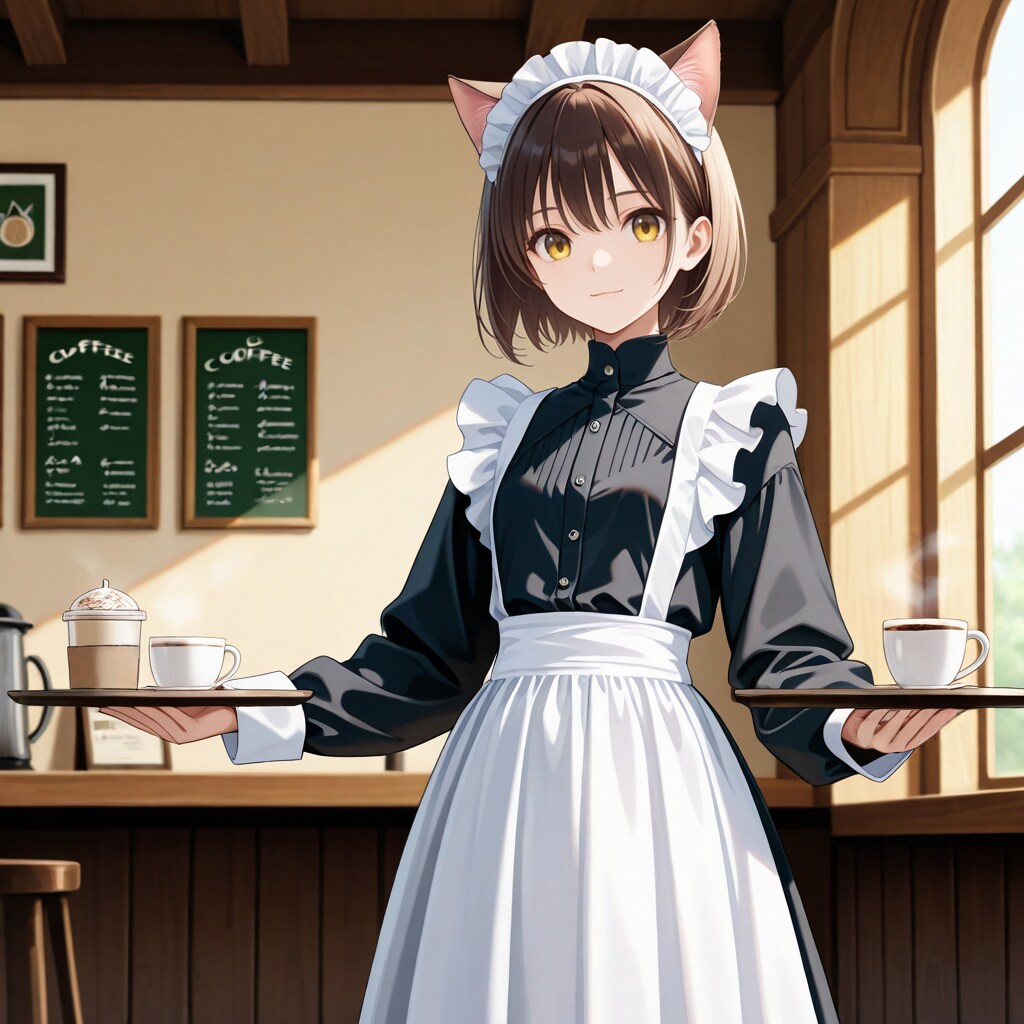 注文の品を運ぶ喫茶店で働く猫娘