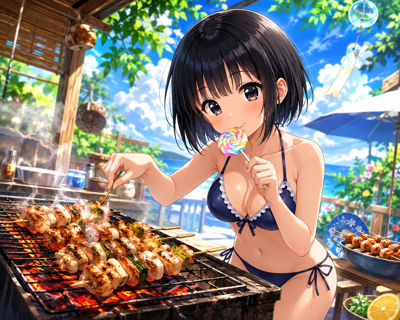 ロリポップキャンディを舐めながら焼き鳥を焼いている女の子