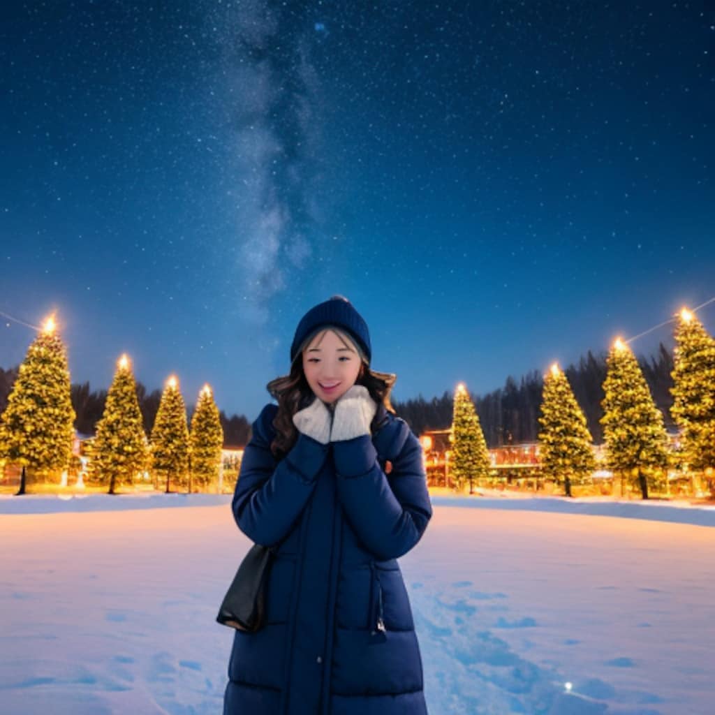 雑誌の表紙風「クリスマスツリーを眺めて飲むココアは美味しい！」