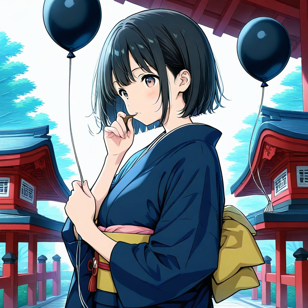 神社で黒い風船を持つ黒髪ショートカットの着物美女。