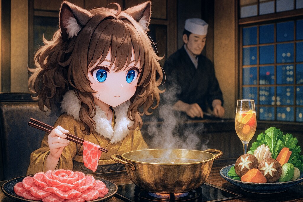 高級しゃぶしゃぶに来た小さな女の子