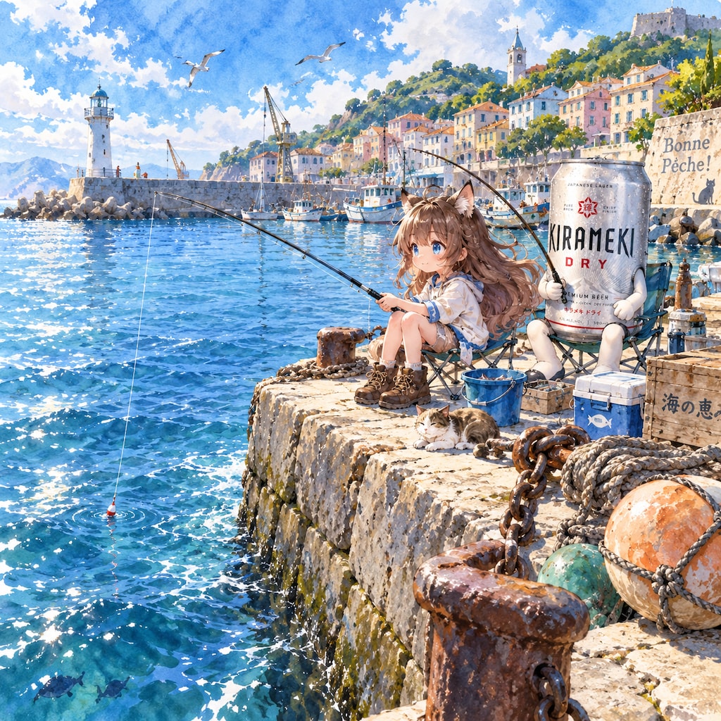 港町で釣りをしている小さな女の子