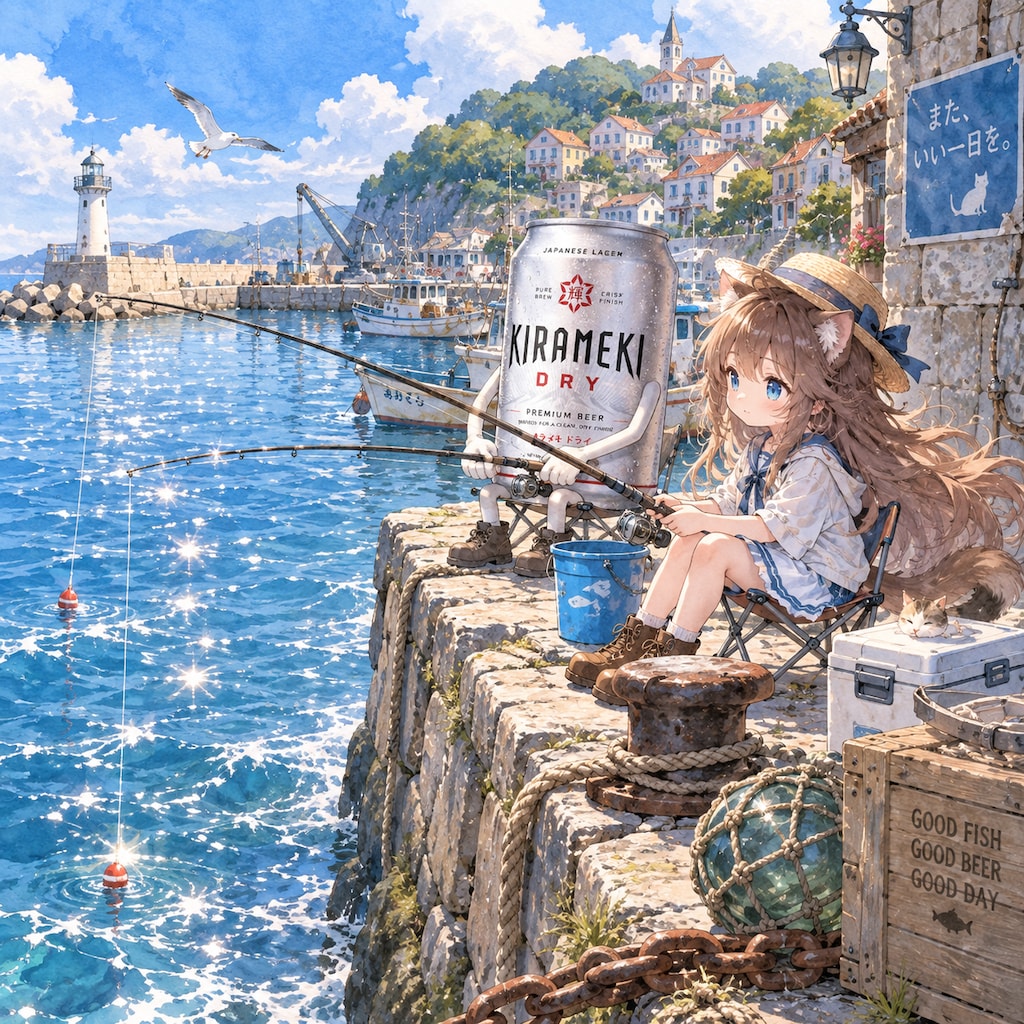 港町で釣りをしている小さな女の子